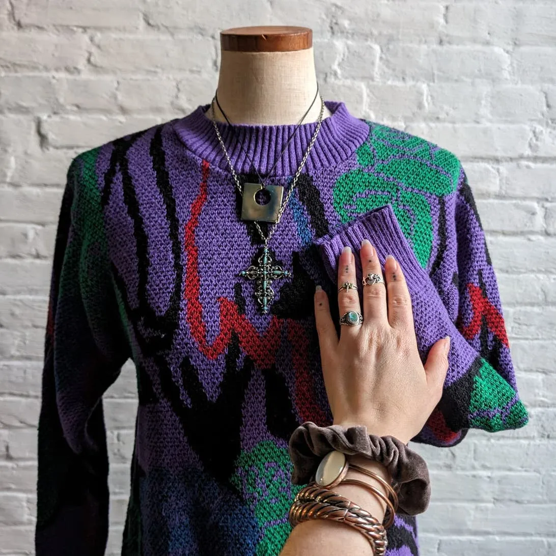 80s Vintage Purple Chunky Knit Grandpa Sweater Abstract Coogi Style Granny Top