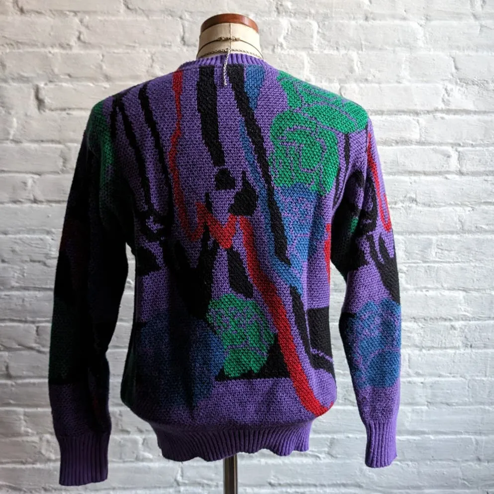 80s Vintage Purple Chunky Knit Grandpa Sweater Abstract Coogi Style Granny Top