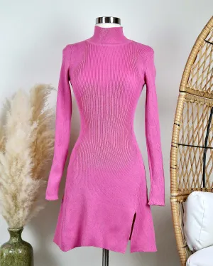 All The Rumors Are True Long Sleeve Ribbed Sweater Dress in Magenta