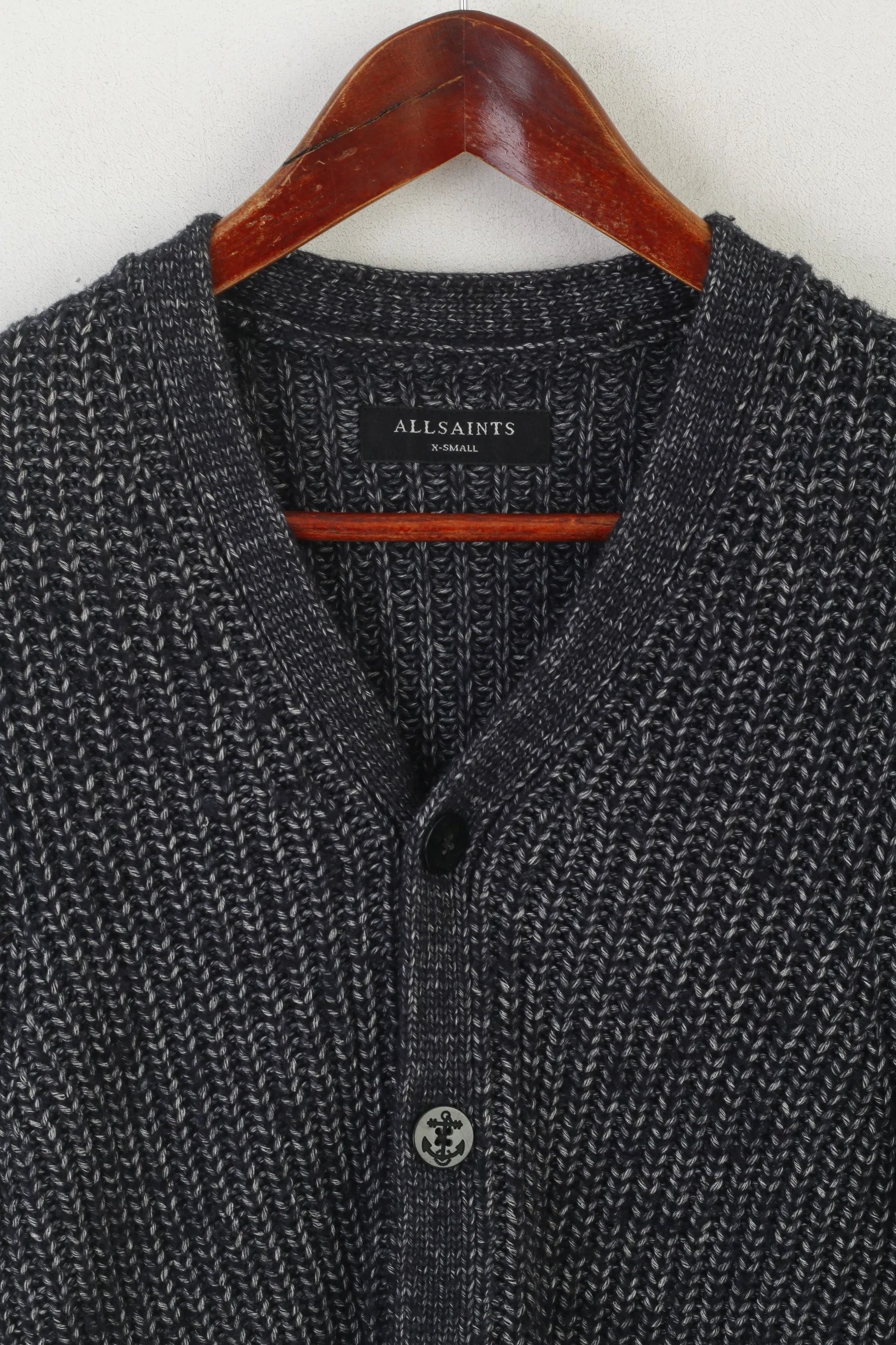 AllSaints Men XS Cardigan Navy Cotton Knit Stanmer Style Detailed Buttons Sweater