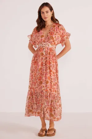 Amelia Peach Floral Button Down Midi Dress