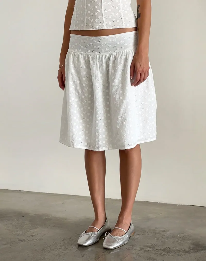 Aristia Midi Skirt in Woven Broderie White