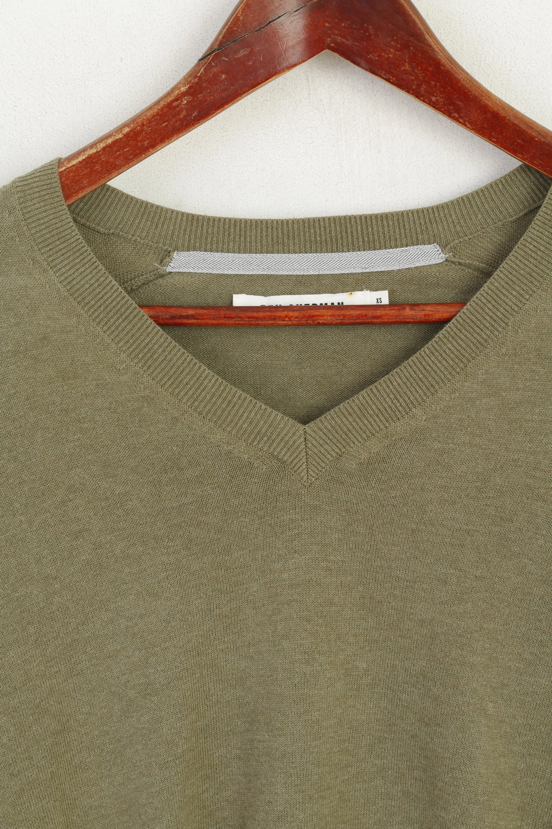 Ben Sherman Men XS Jumper Green Cotton Soft V Neck Classic Plain Patches Sweater