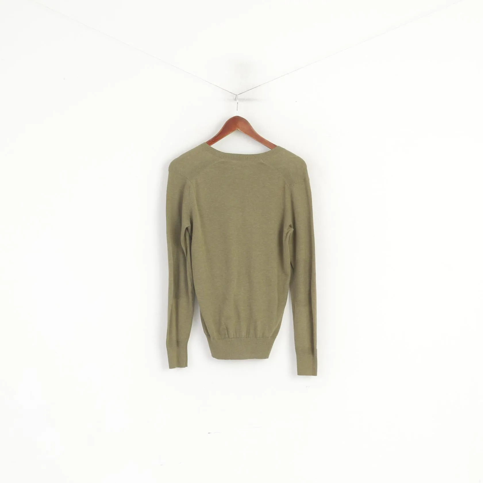 Ben Sherman Men XS Jumper Green Cotton Soft V Neck Classic Plain Patches Sweater