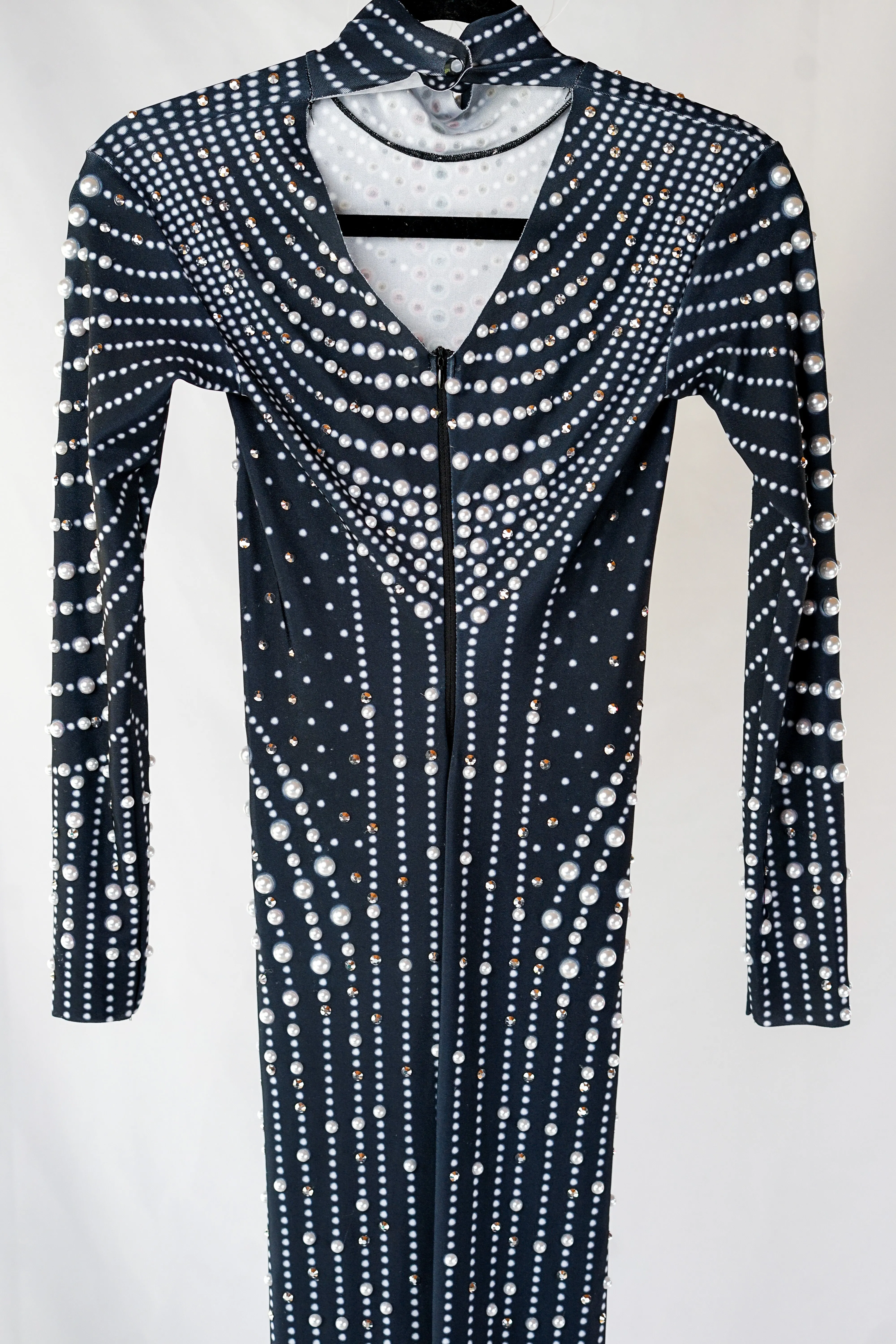 Black Full Bodysuit with Silver Pearl-Shaped Rhinestones