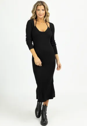 BLACK KNIT LAYERED BRA MIDI DRESS SET