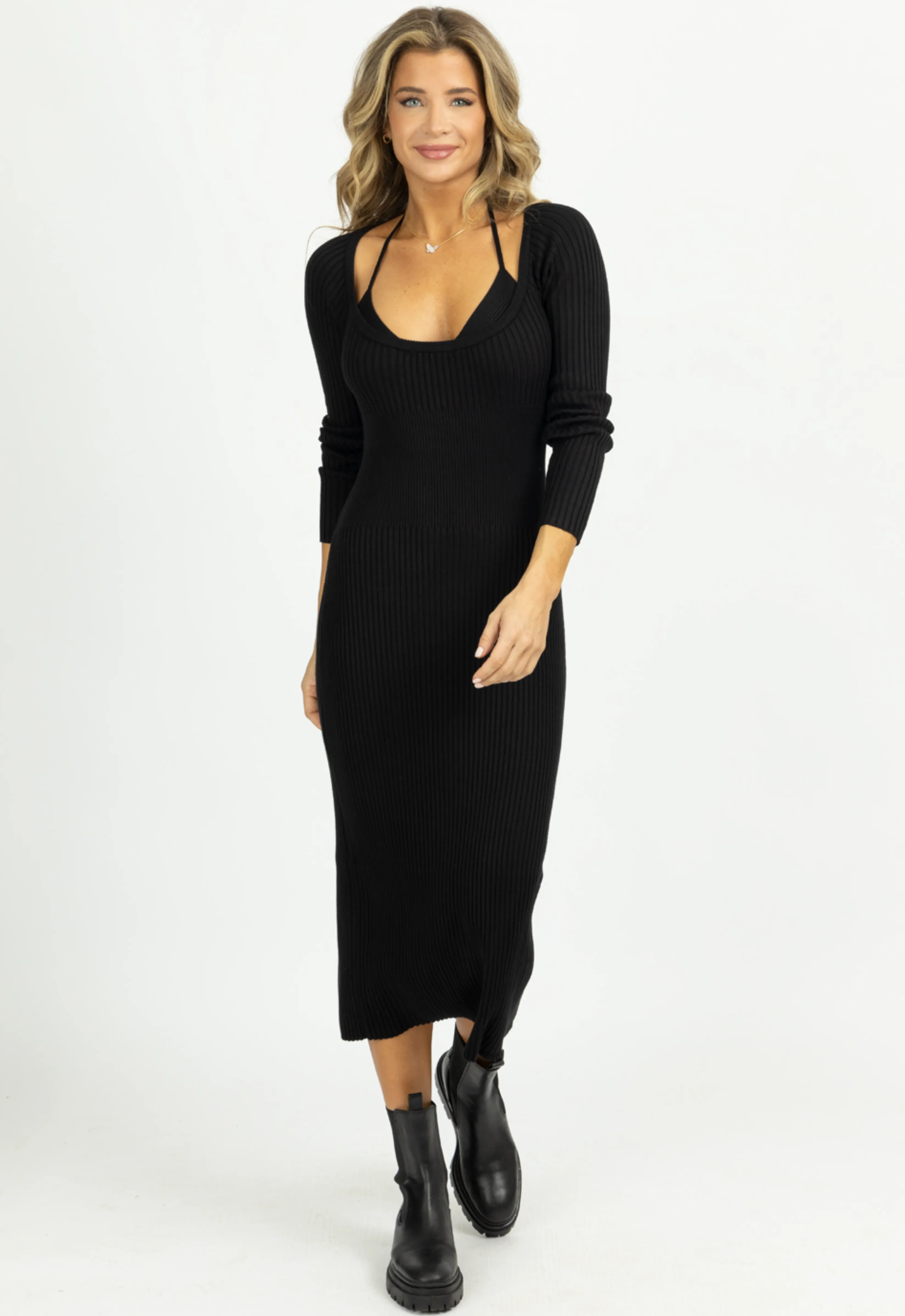 BLACK KNIT LAYERED BRA MIDI DRESS SET