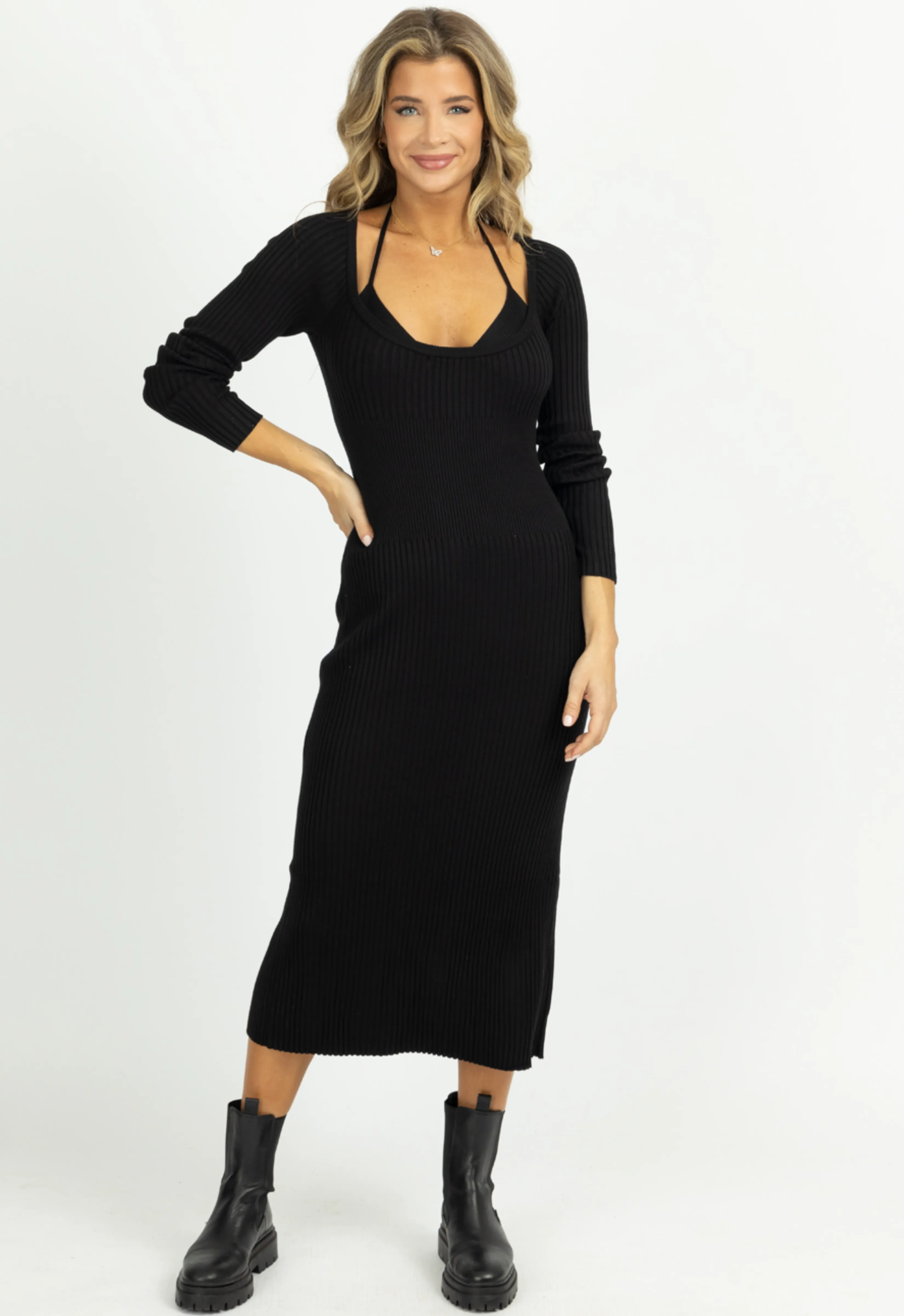 BLACK KNIT LAYERED BRA MIDI DRESS SET