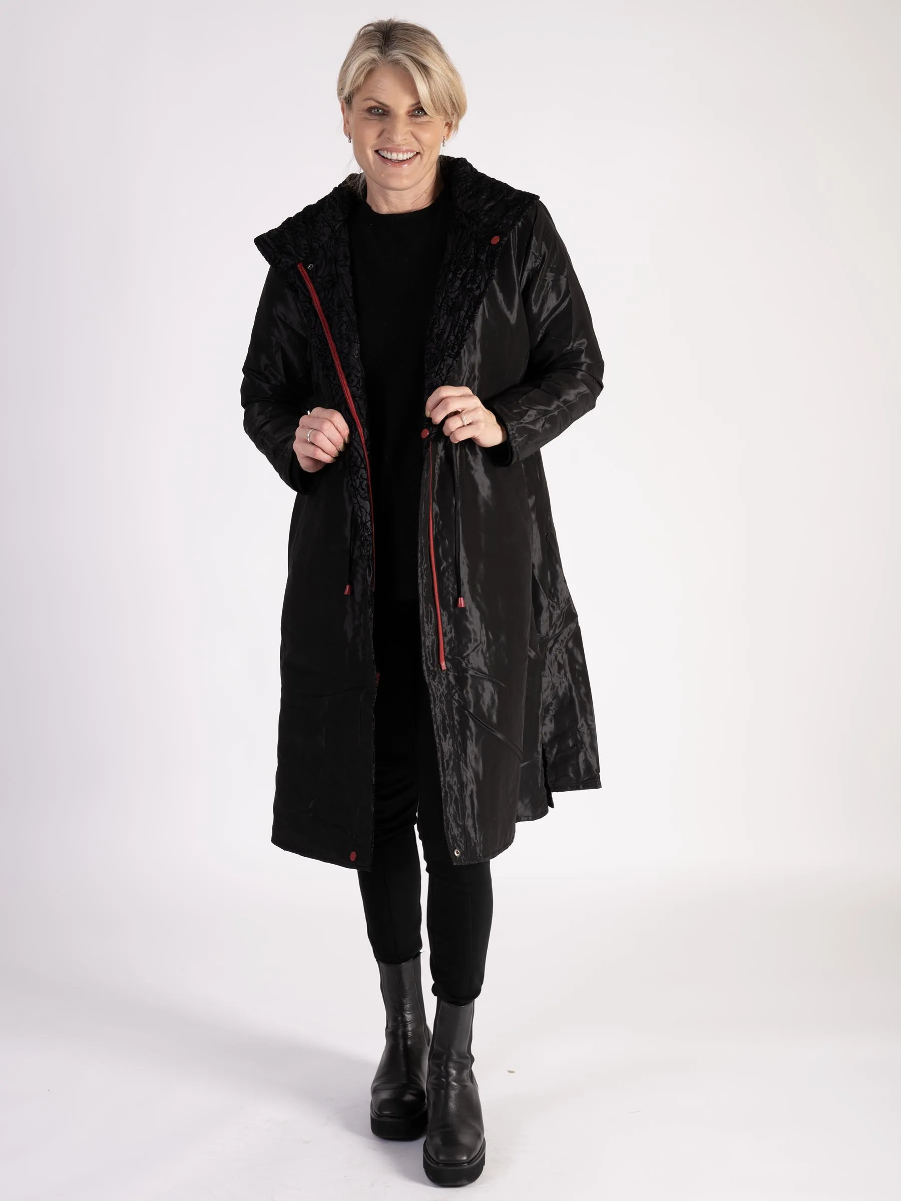 Black Paisley Flocked Quilted Reversible Zip Long Coat