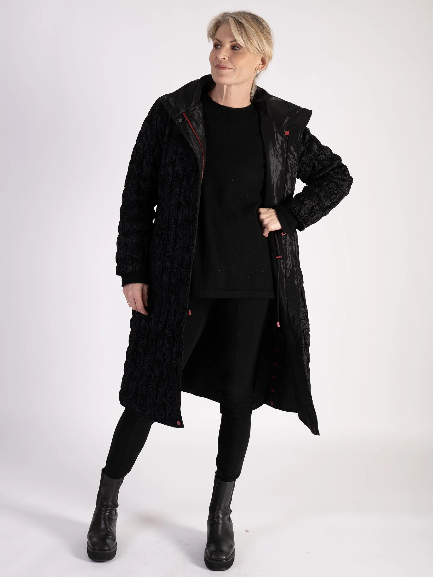 Black Paisley Flocked Quilted Reversible Zip Long Coat