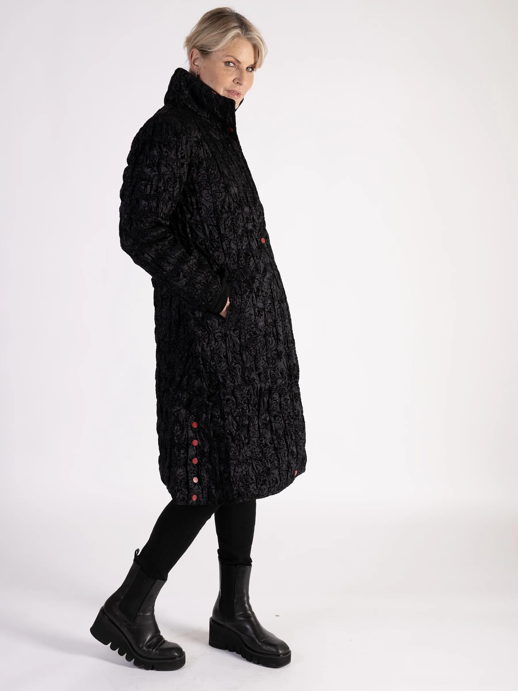 Black Paisley Flocked Quilted Reversible Zip Long Coat