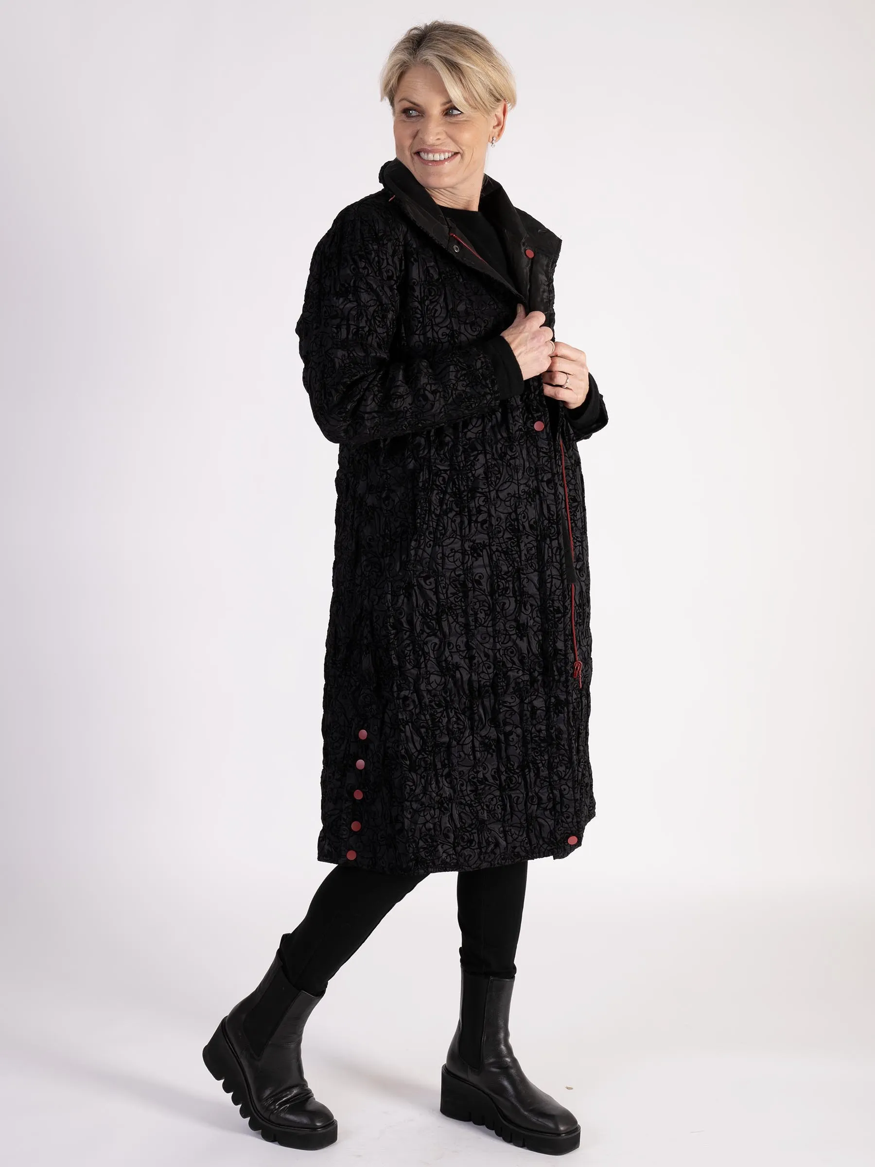 Black Paisley Flocked Quilted Reversible Zip Long Coat