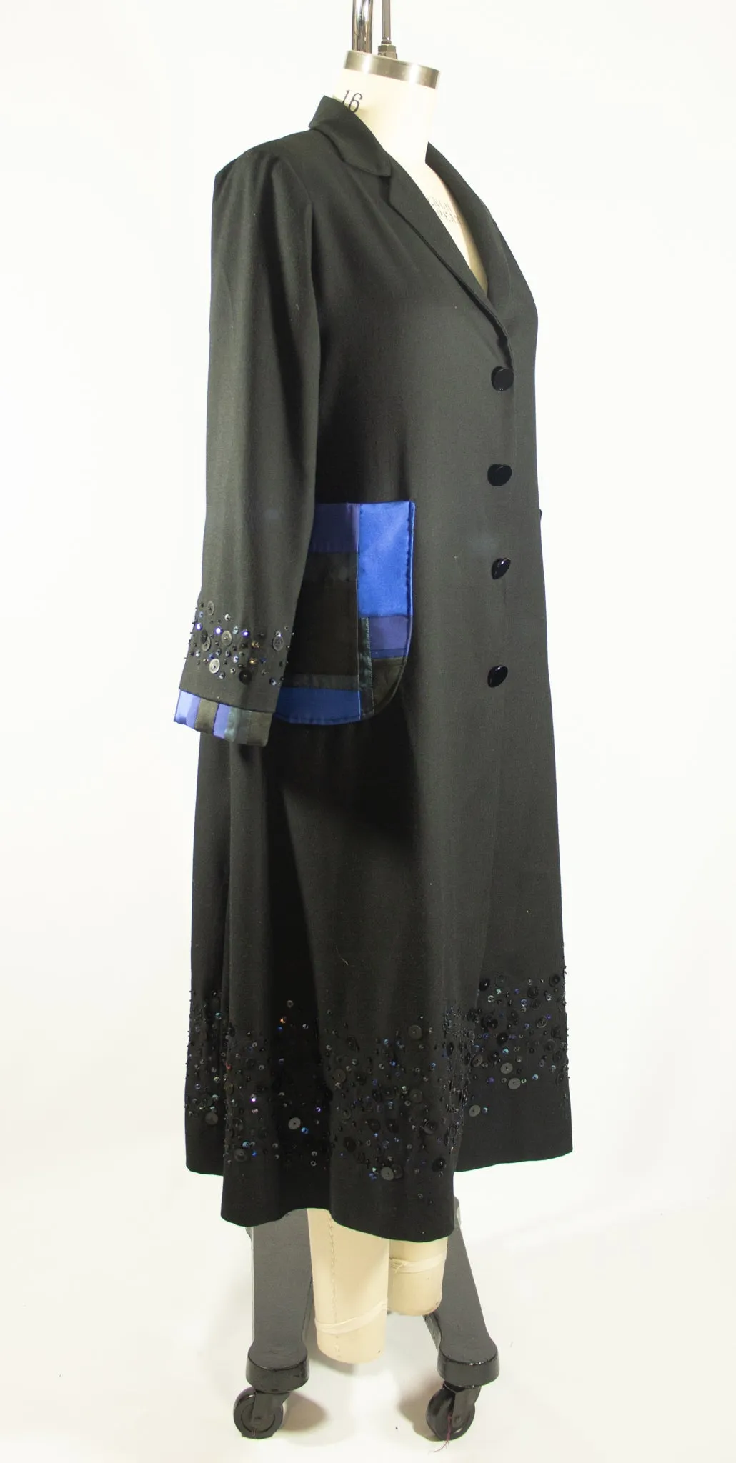 Black Wool Coat with Sequin Beaded Hem and Patchwork Pockets