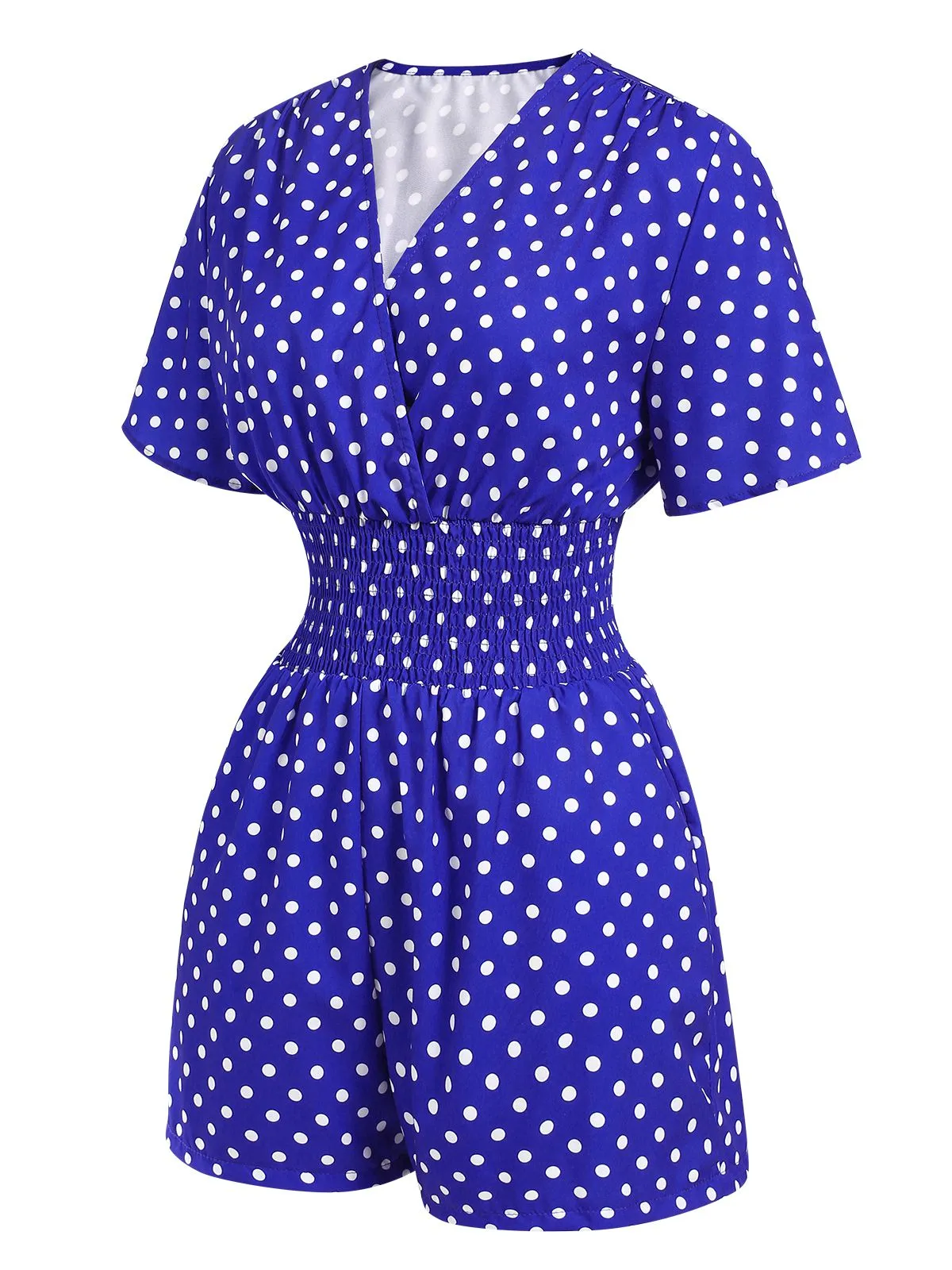 Blue 1940s V-Neck Polka Dots Romper