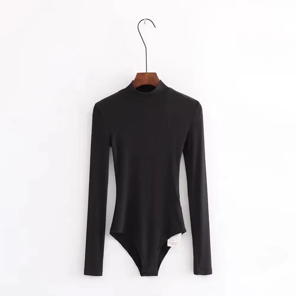 Bodycon Rompers Solid Basic Shirt Women Skinny Sexy Bodysuit Playsuit Overalls Mock Neck Long Sleeve Jumpsuit Female Body Suit