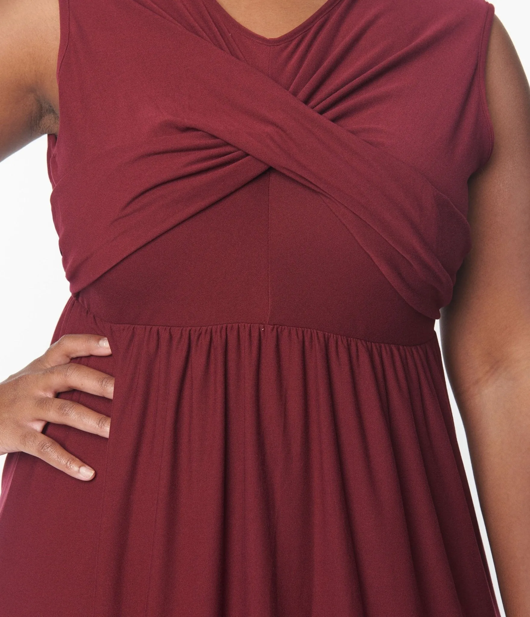 Burgundy Cross-Over Bodice Midi Dress