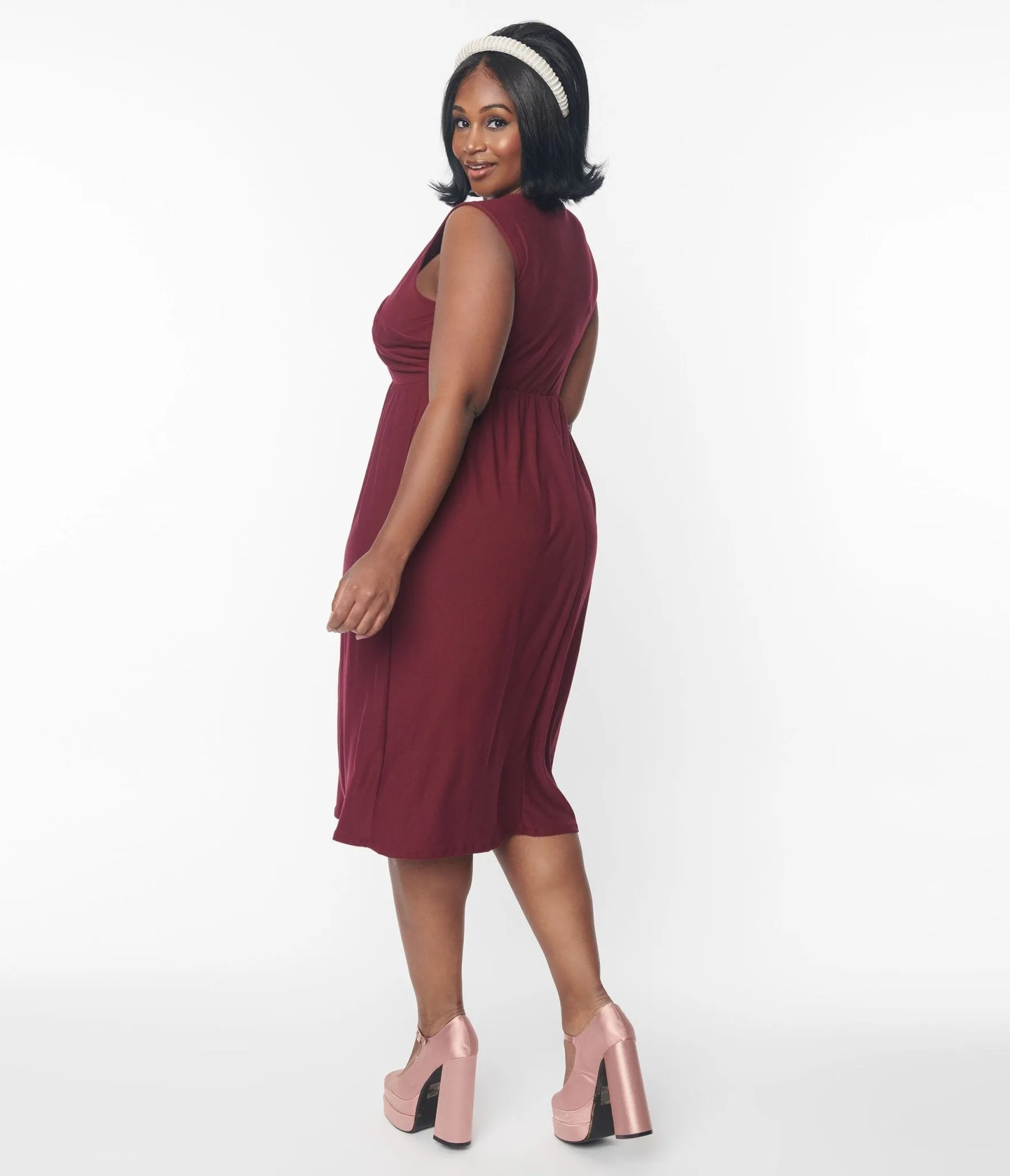 Burgundy Cross-Over Bodice Midi Dress