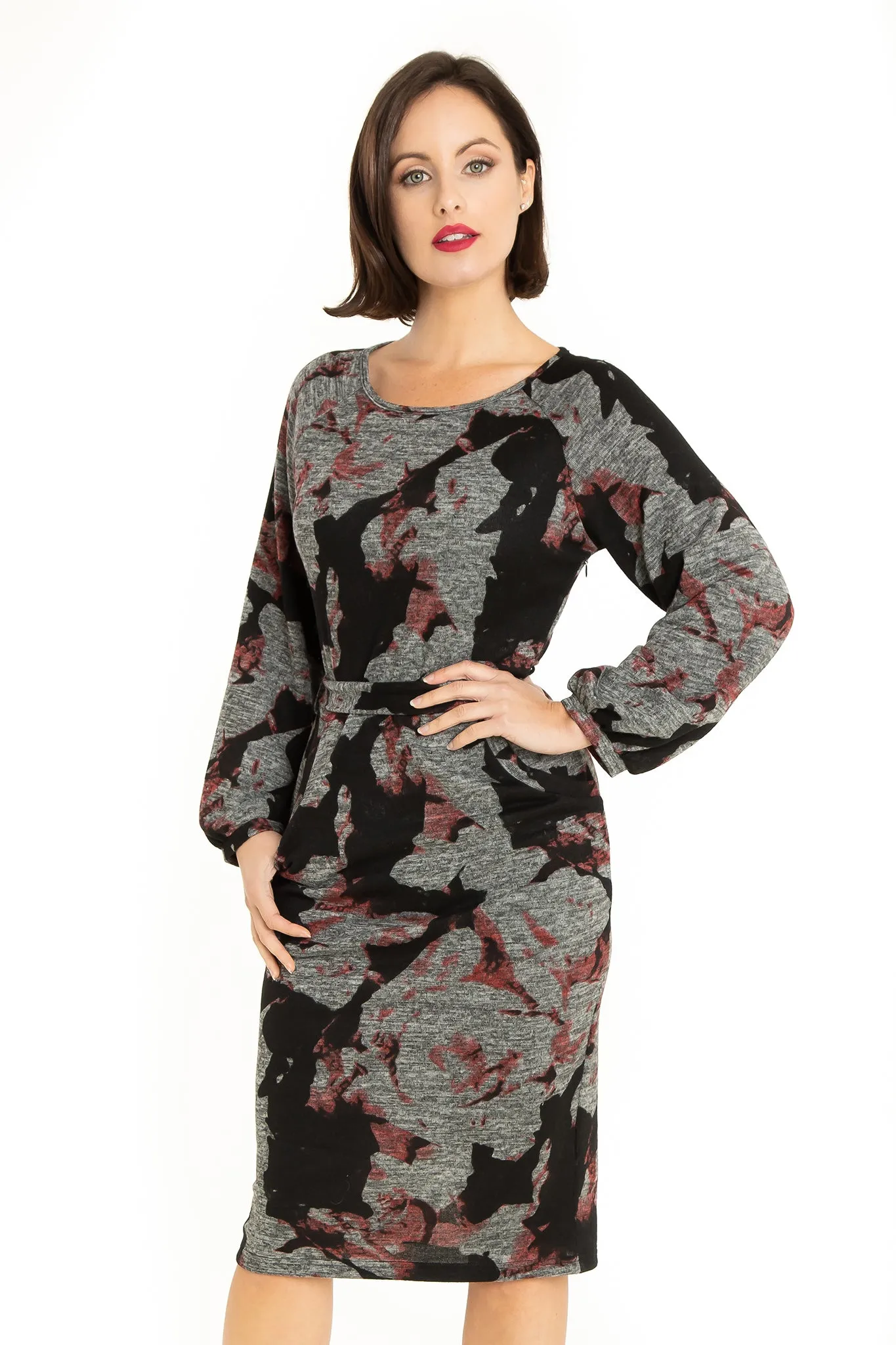 Burn Out Pattern Long Sleeve Knit Pencil Dress