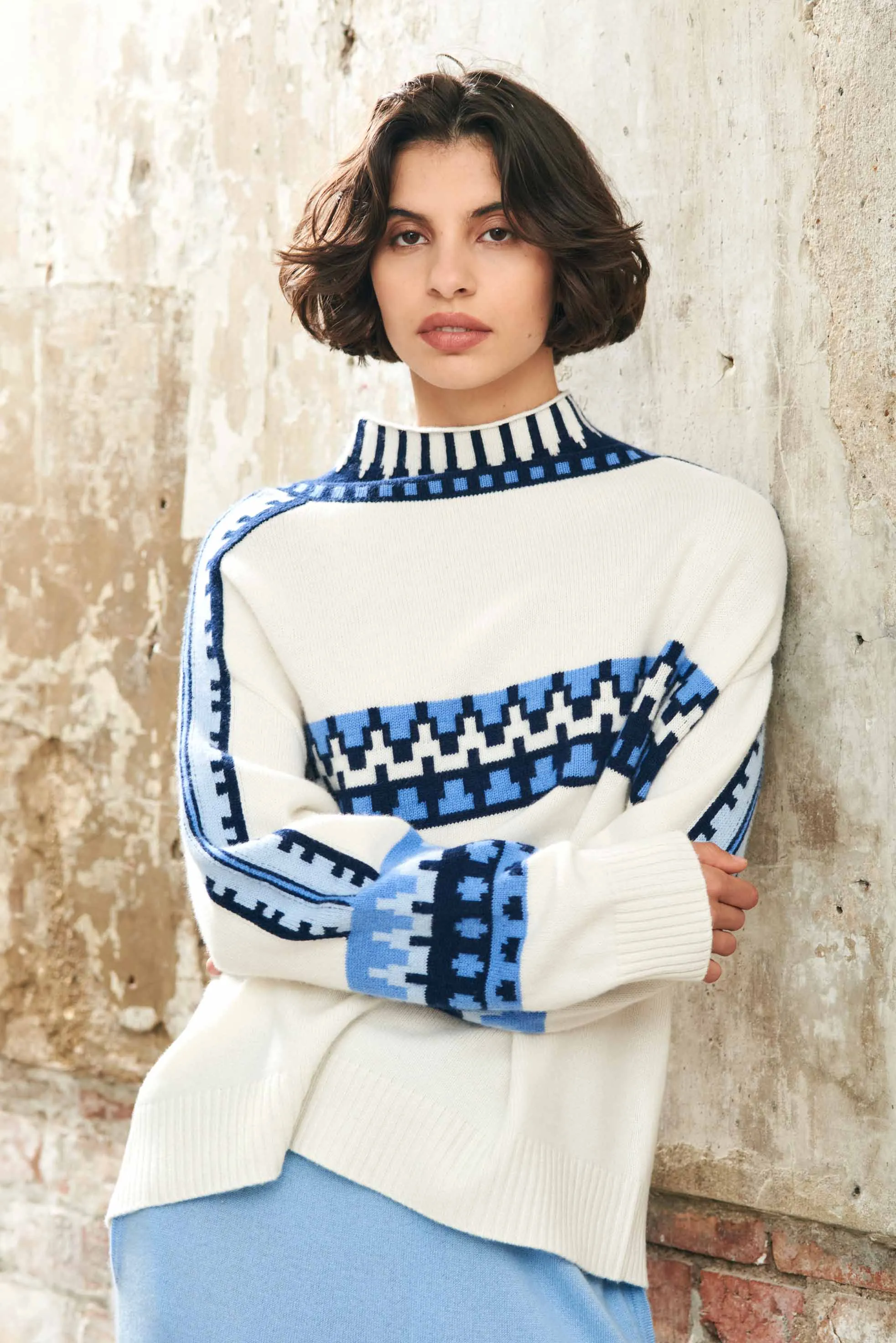 Cashmere Wool Fair Isle Breton in Cream