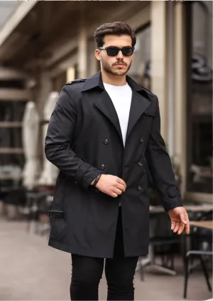 [Chicago] Black Double-Breasted Water-Repellent Trench Coat