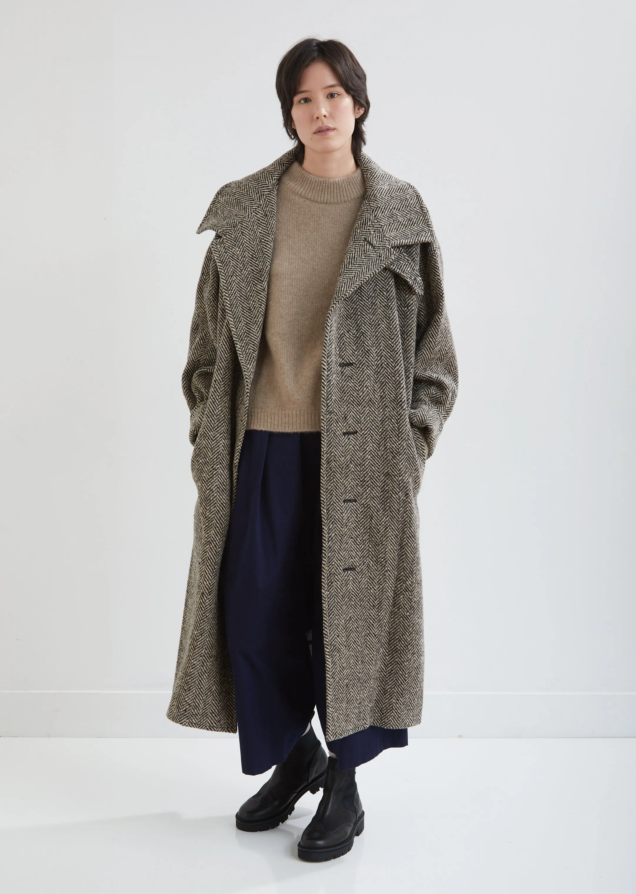 Convertible Collar Herringbone Coat