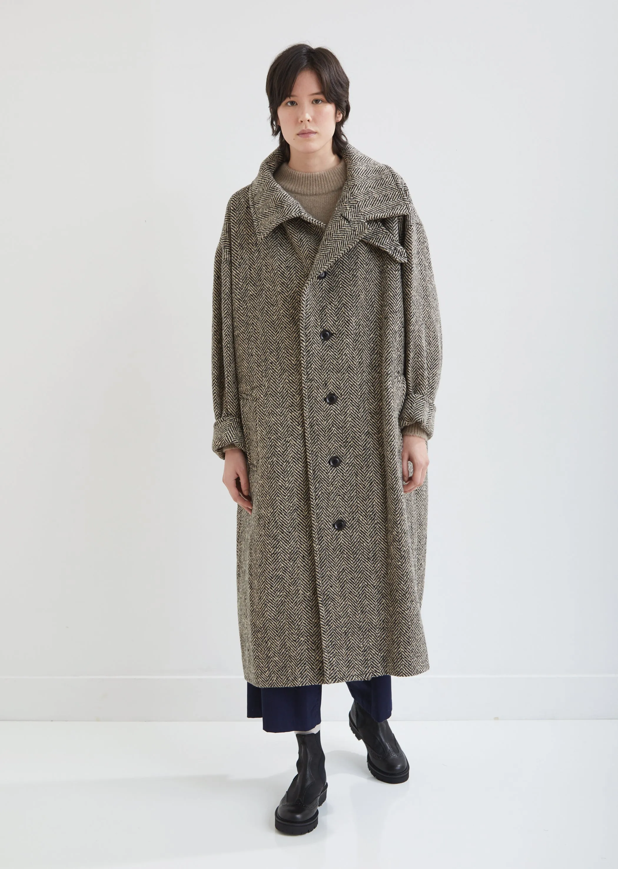 Convertible Collar Herringbone Coat