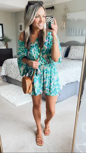 Cupshe Green/Pink Patterned with Snap Front and Tie Belt Romper- Size S