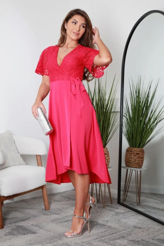 Double Second Angel Sleeve Lace High Low Hem True Wrap Dress