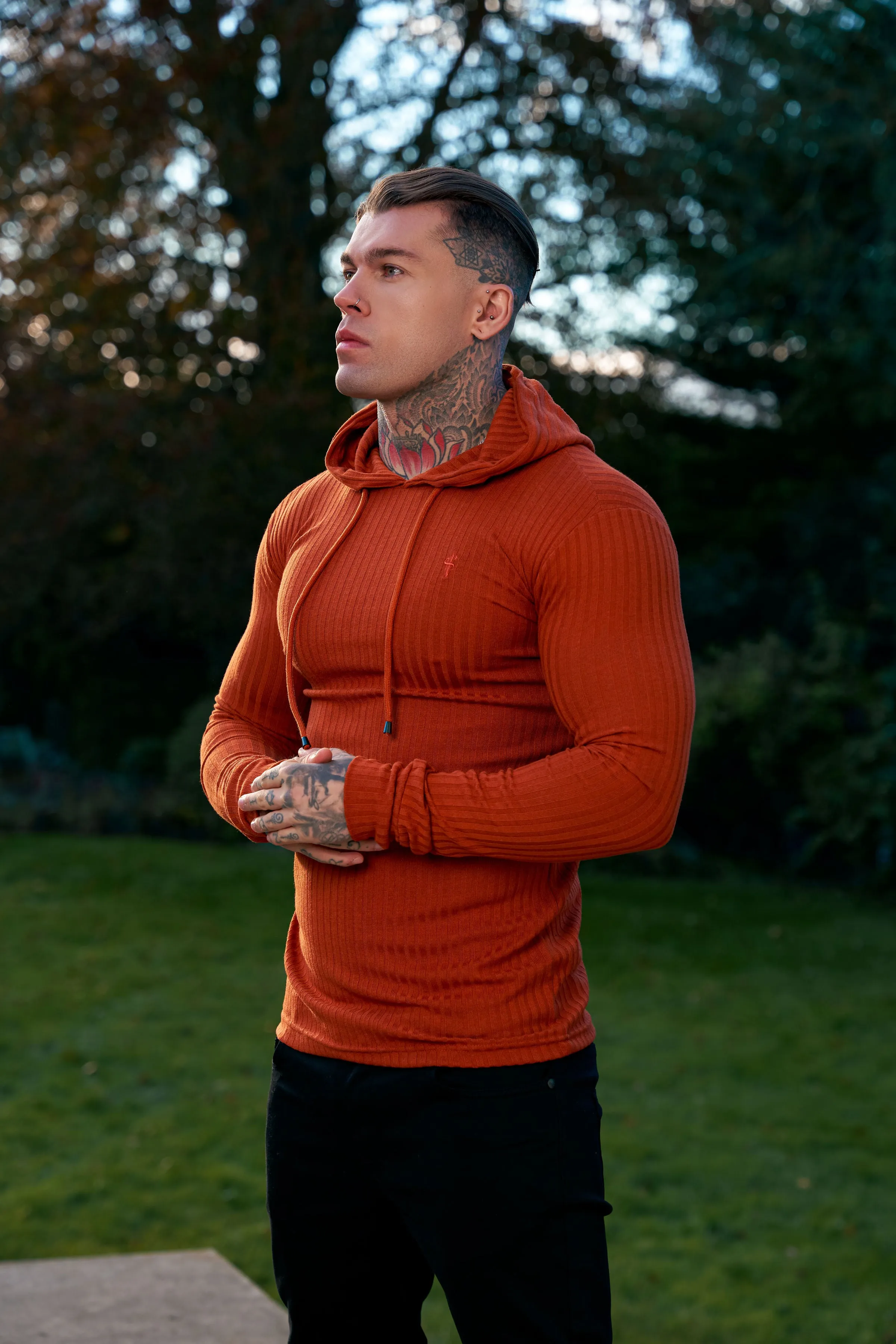 Father Sons Classic Rust Ribbed Knit Hoodie Sweater - FSH910