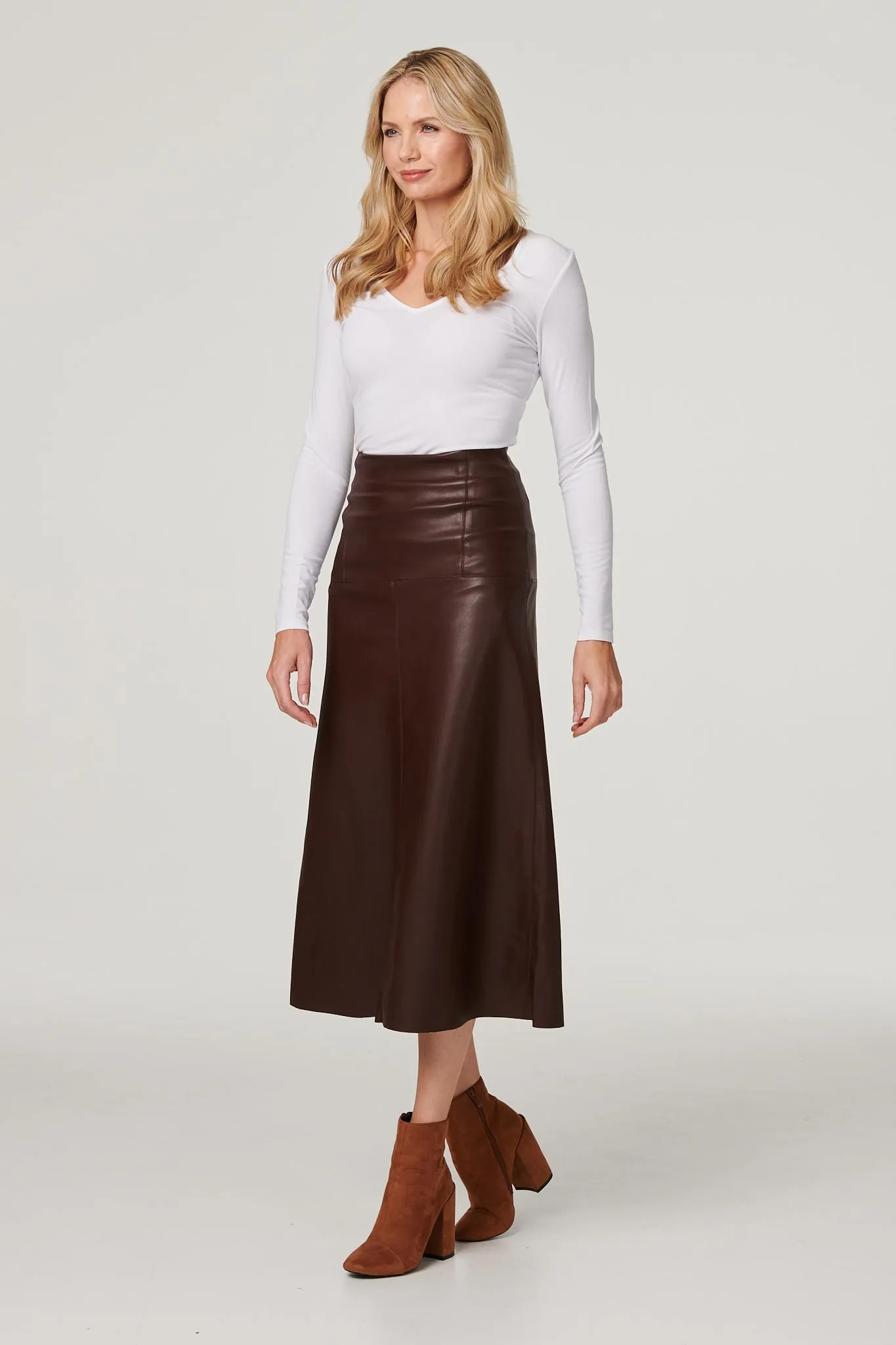 Faux Leather High Waist Midi Skirt