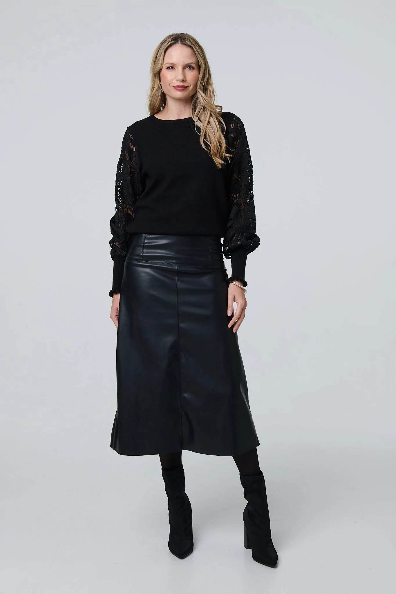 Faux Leather High Waist Midi Skirt