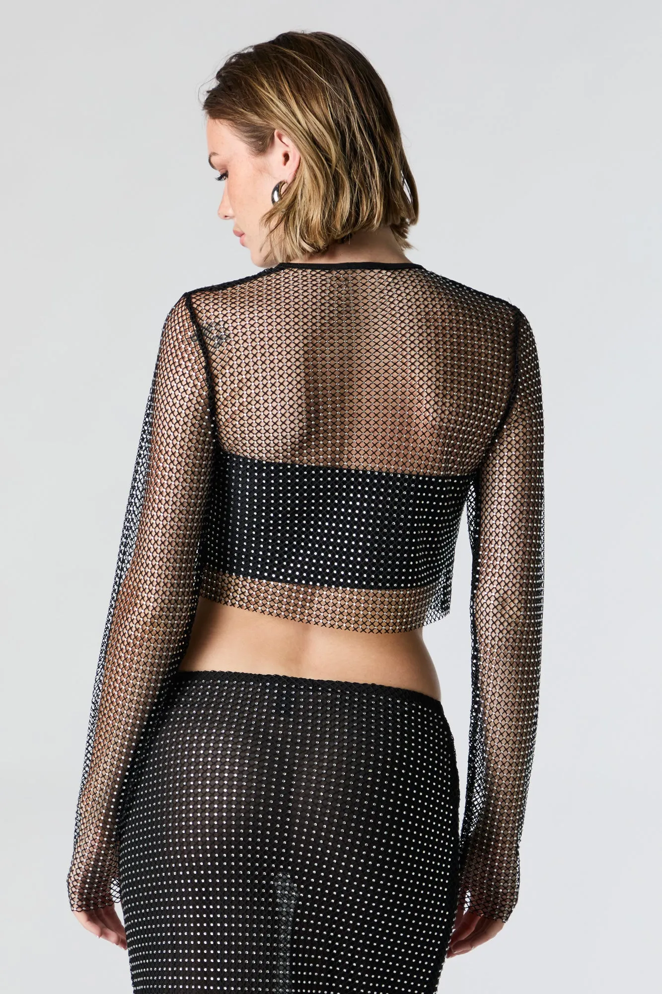 Fishnet Rhinestone Long Sleeve Crop Top