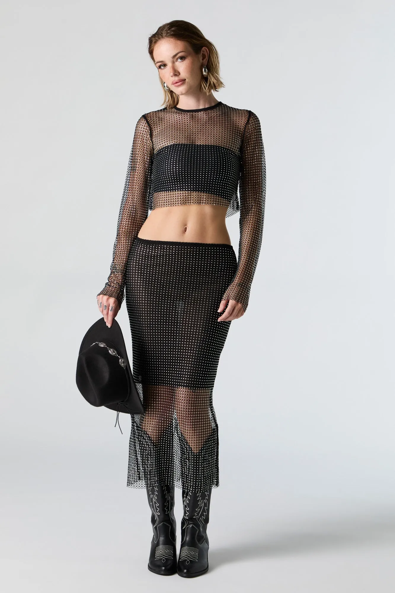 Fishnet Rhinestone Long Sleeve Crop Top