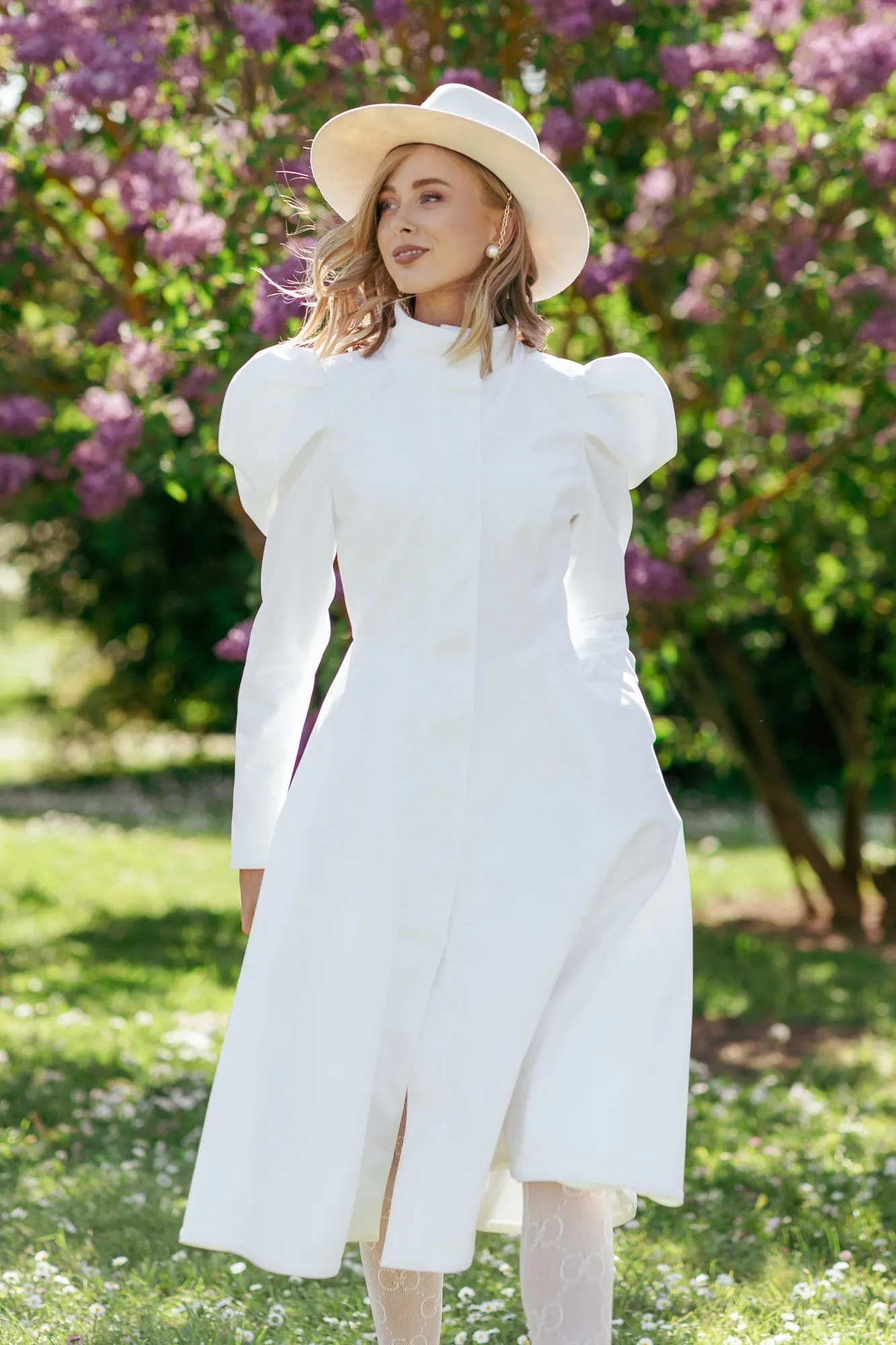 Fit and Flare Coat with Balloon-Styled Sleeves in White | 'Majestic White'