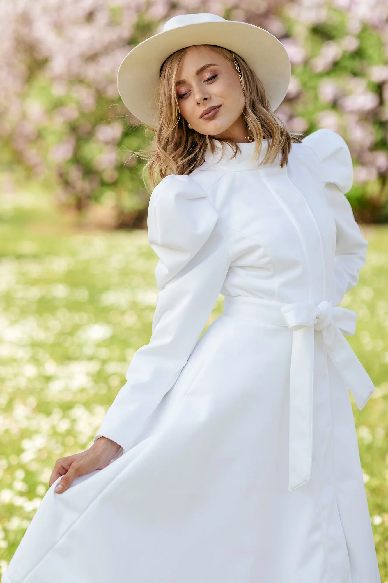 Fit and Flare Coat with Balloon-Styled Sleeves in White | 'Majestic White'