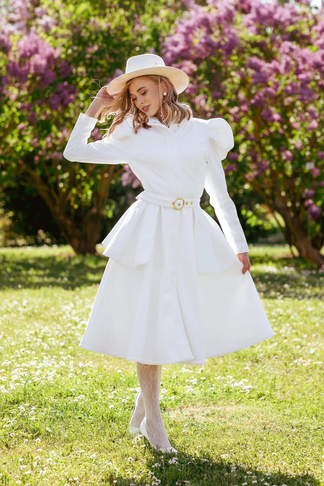 Fit and Flare Coat with Balloon-Styled Sleeves in White | 'Majestic White'