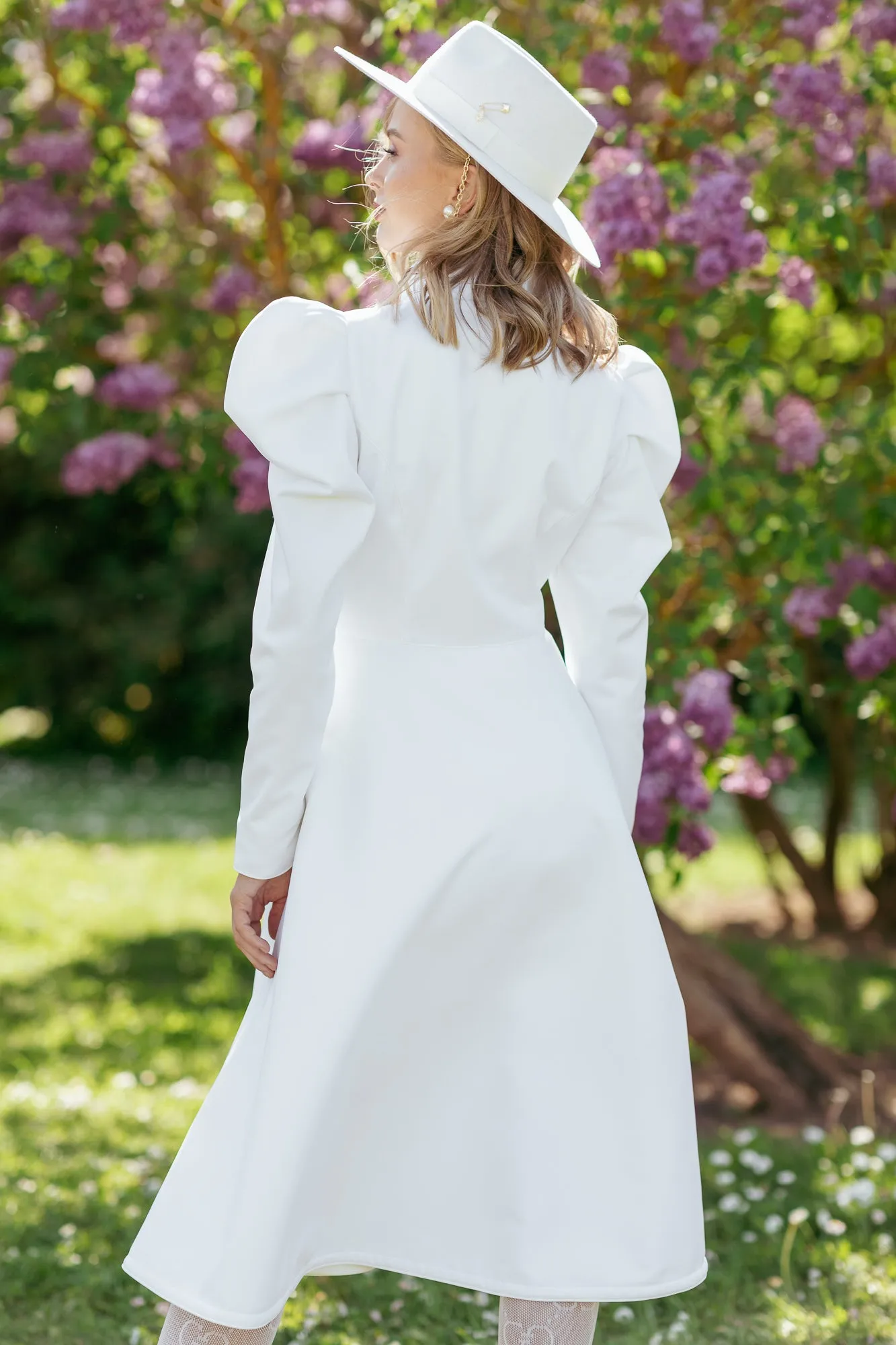 Fit and Flare Coat with Balloon-Styled Sleeves in White | 'Majestic White'