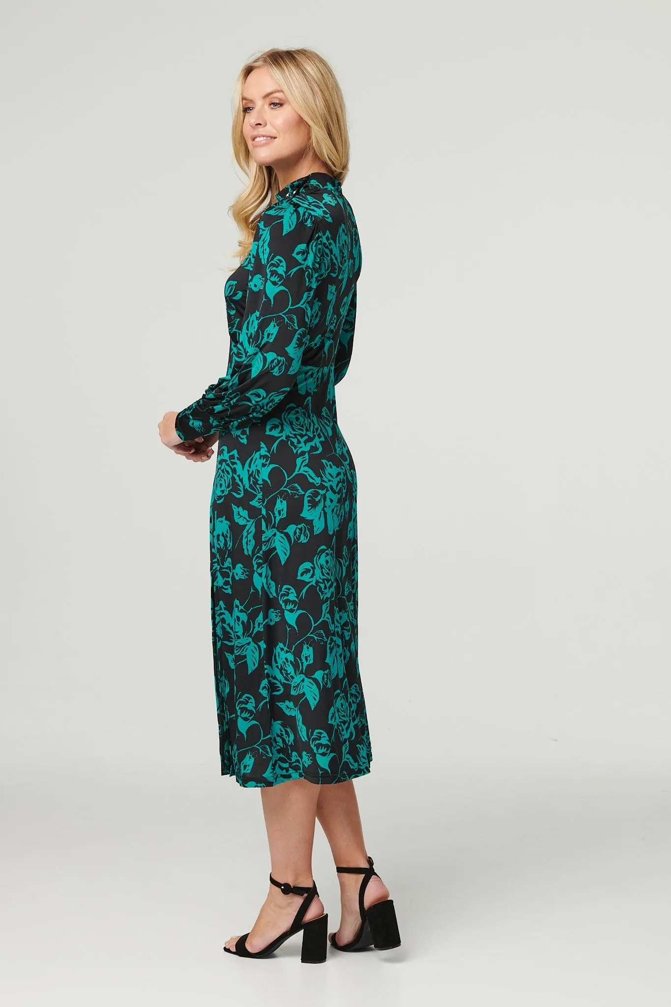 Floral High Neck Split Midi Dress