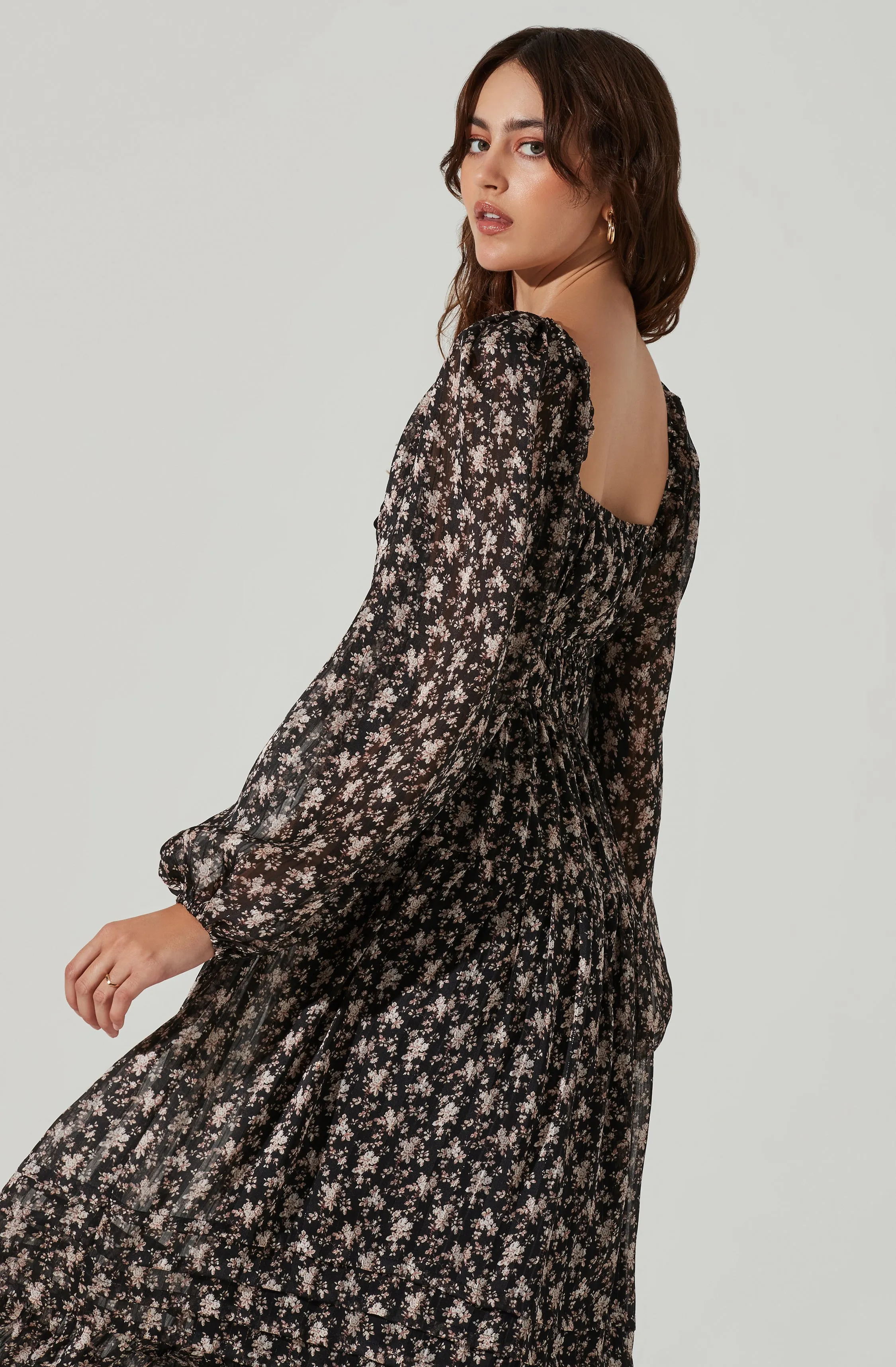 Floral Ruched Bust Long Sleeve Midi Dress