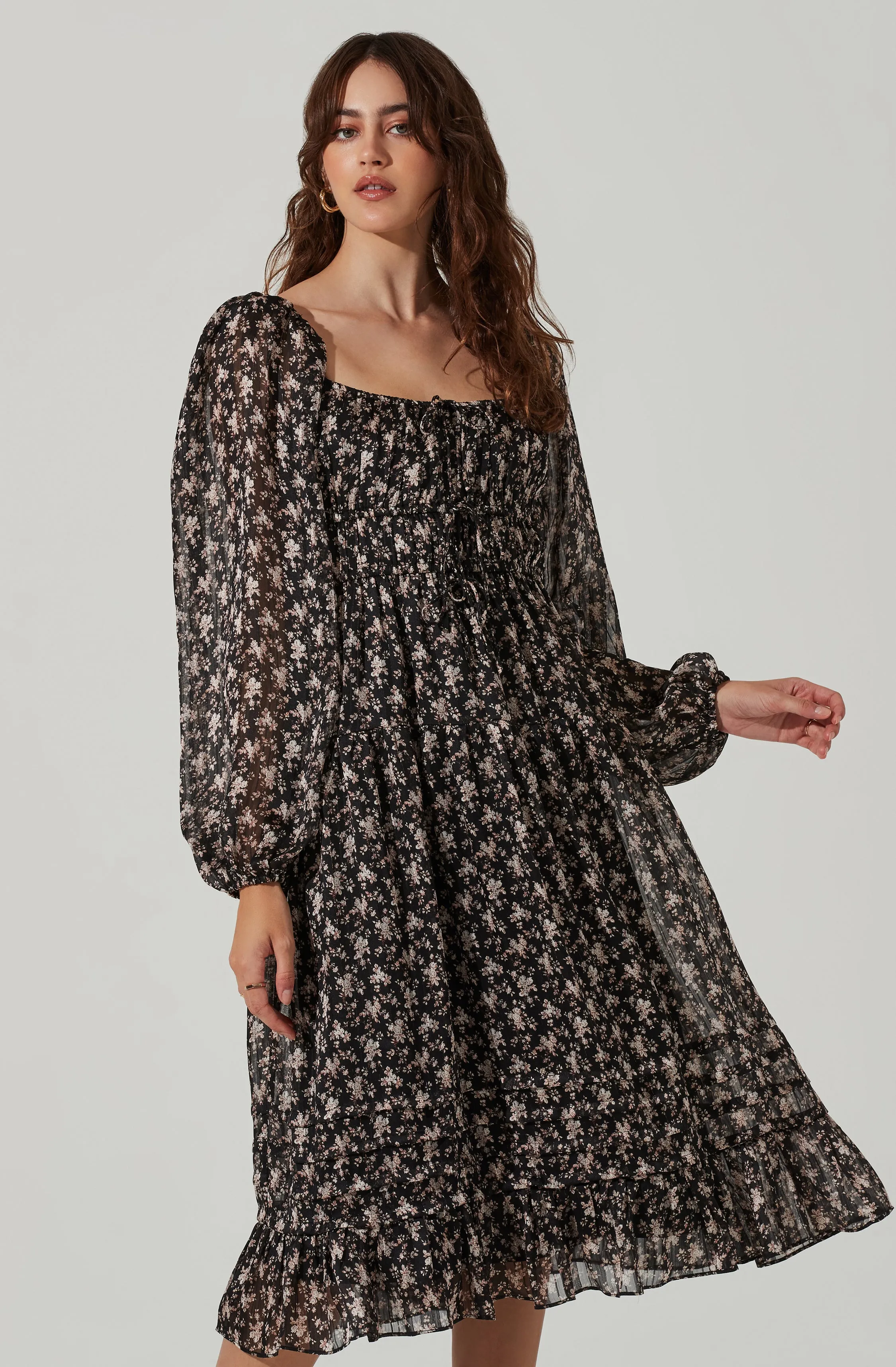 Floral Ruched Bust Long Sleeve Midi Dress