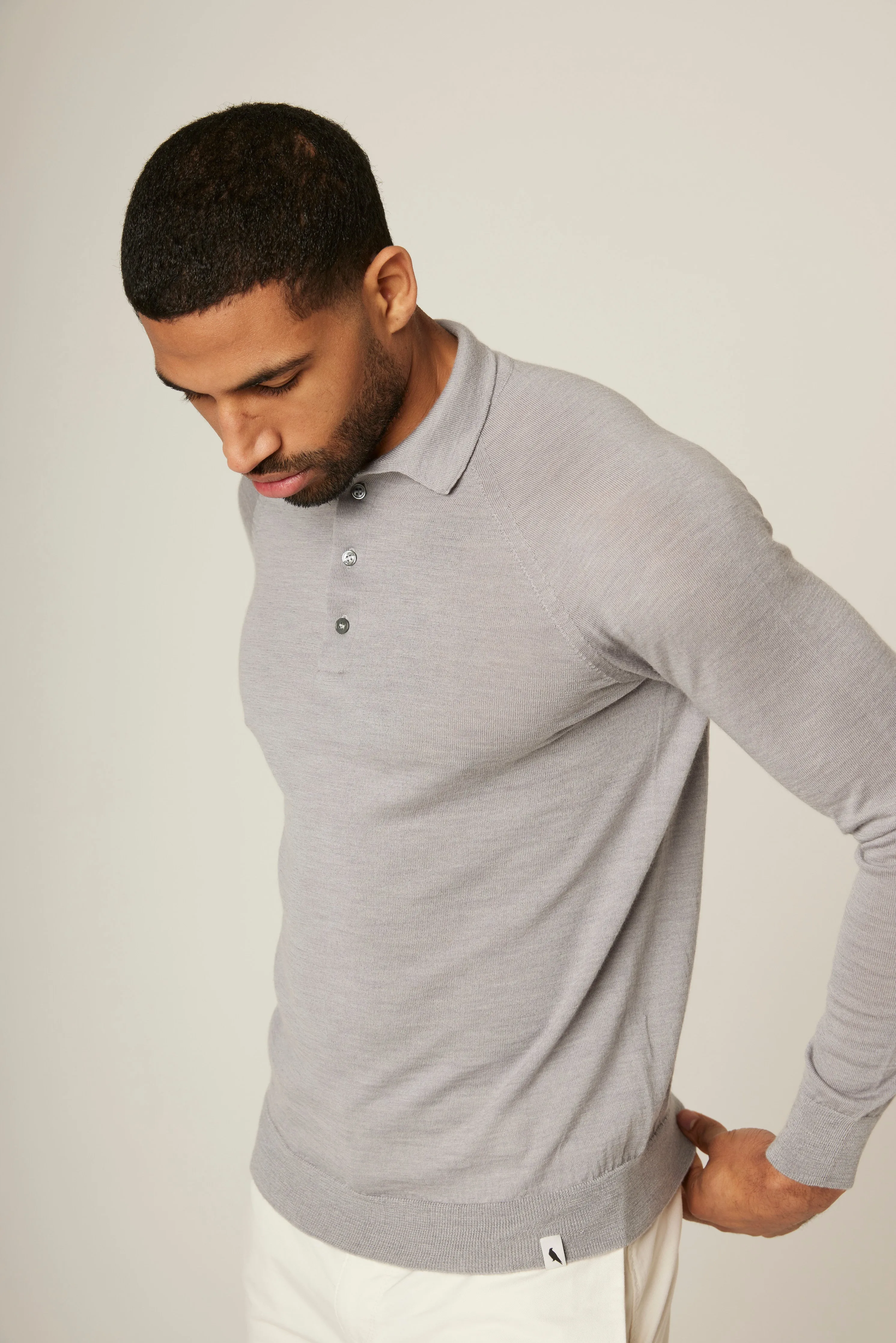 Grey Long Sleeve Wool Polo