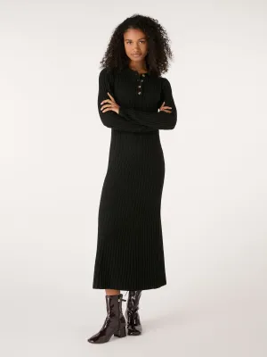 Henley Ribbed Placket Dress in Black