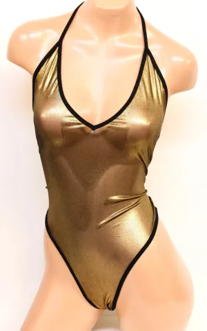 High Cut Halter Bodysuit in Gold Metallic Mesh