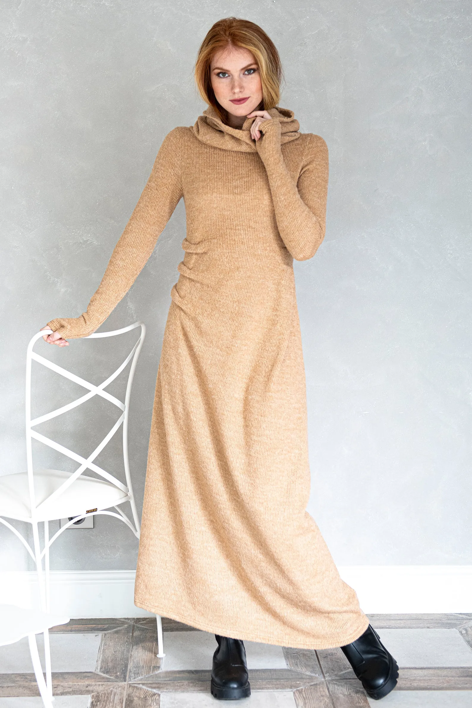 Hooded Knit Dress with Accent