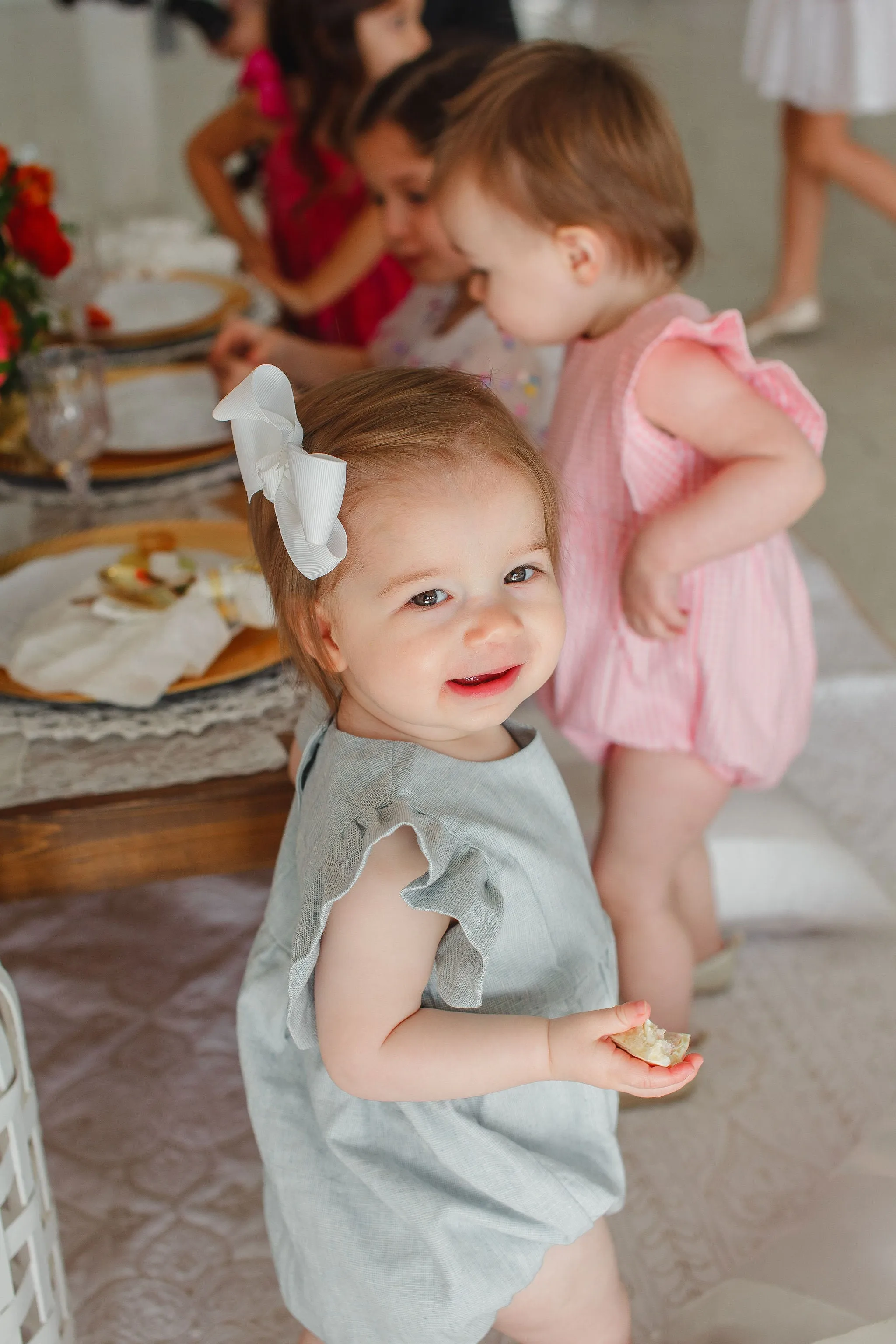 Infant Girl's Light Blue Linen Blend Ruffle Sleeve Romper