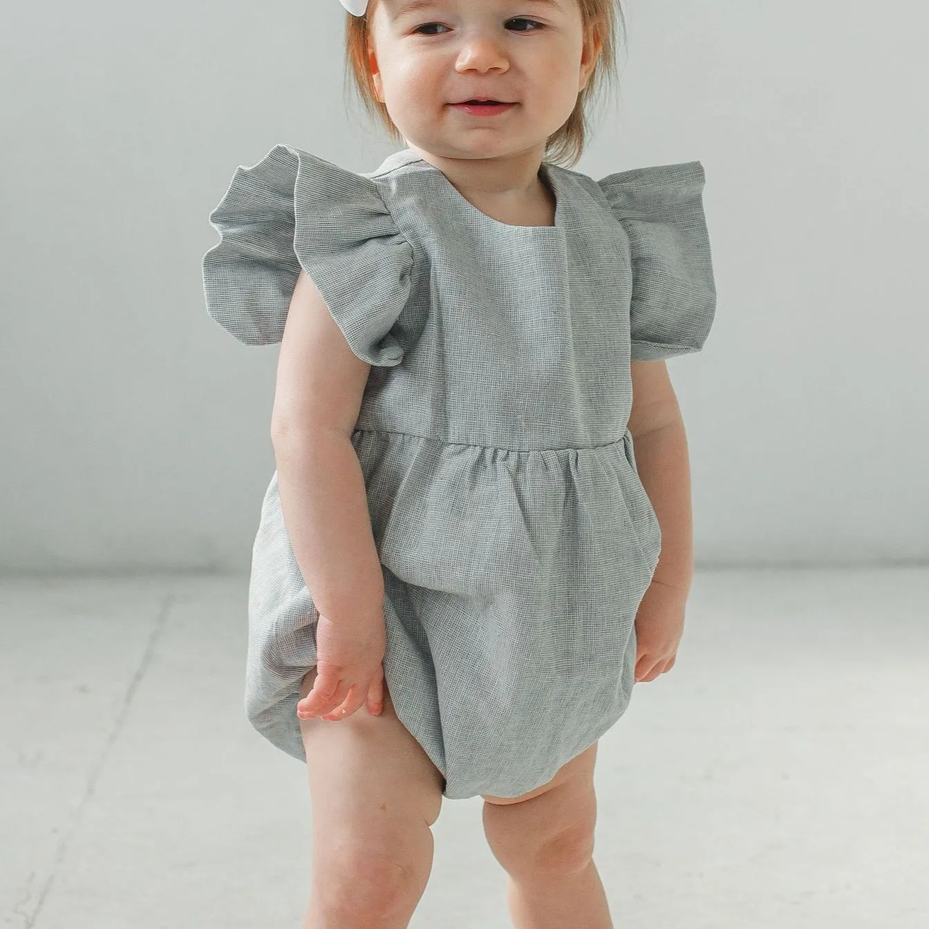 Infant Girl's Light Blue Linen Blend Ruffle Sleeve Romper