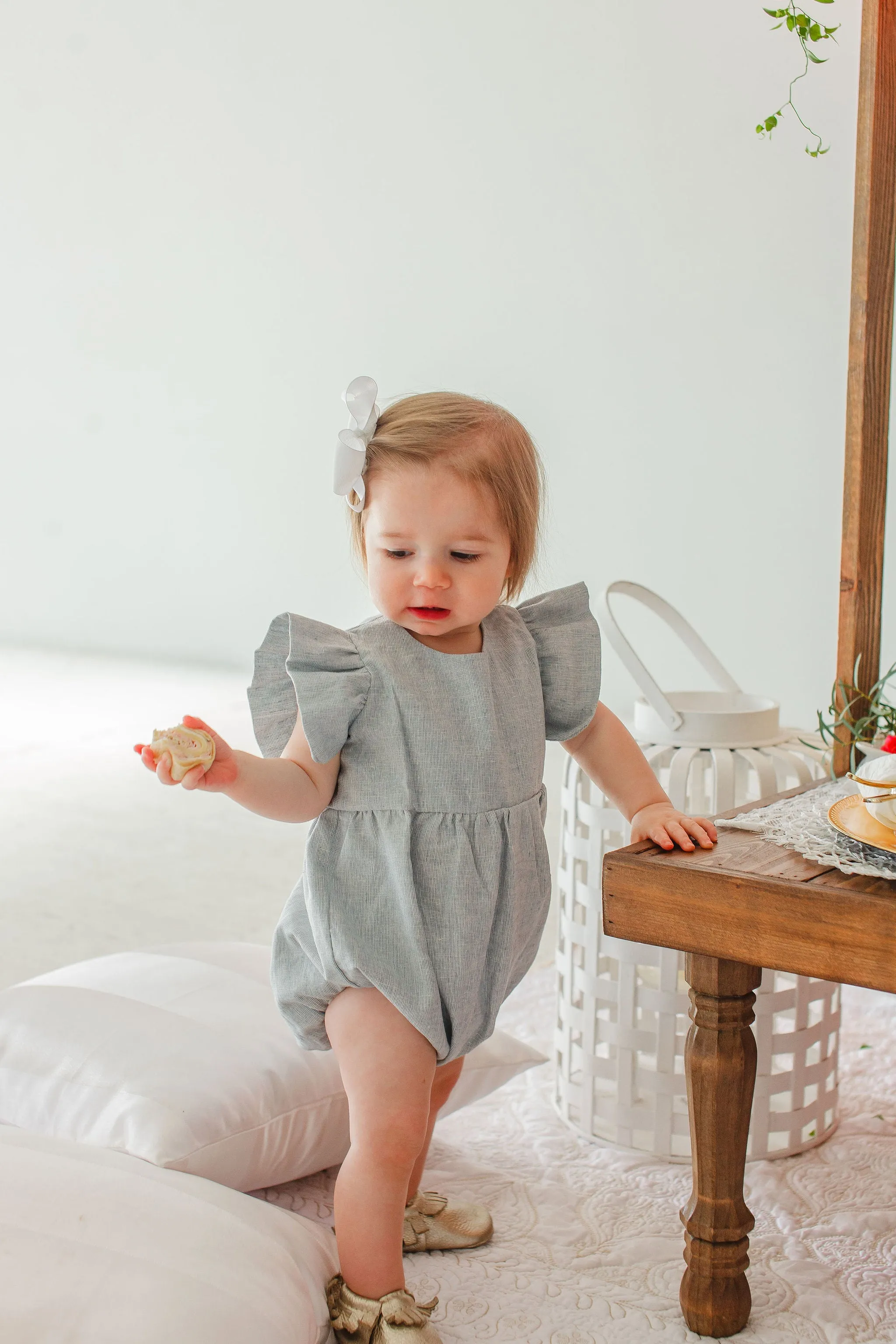 Infant Girl's Light Blue Linen Blend Ruffle Sleeve Romper