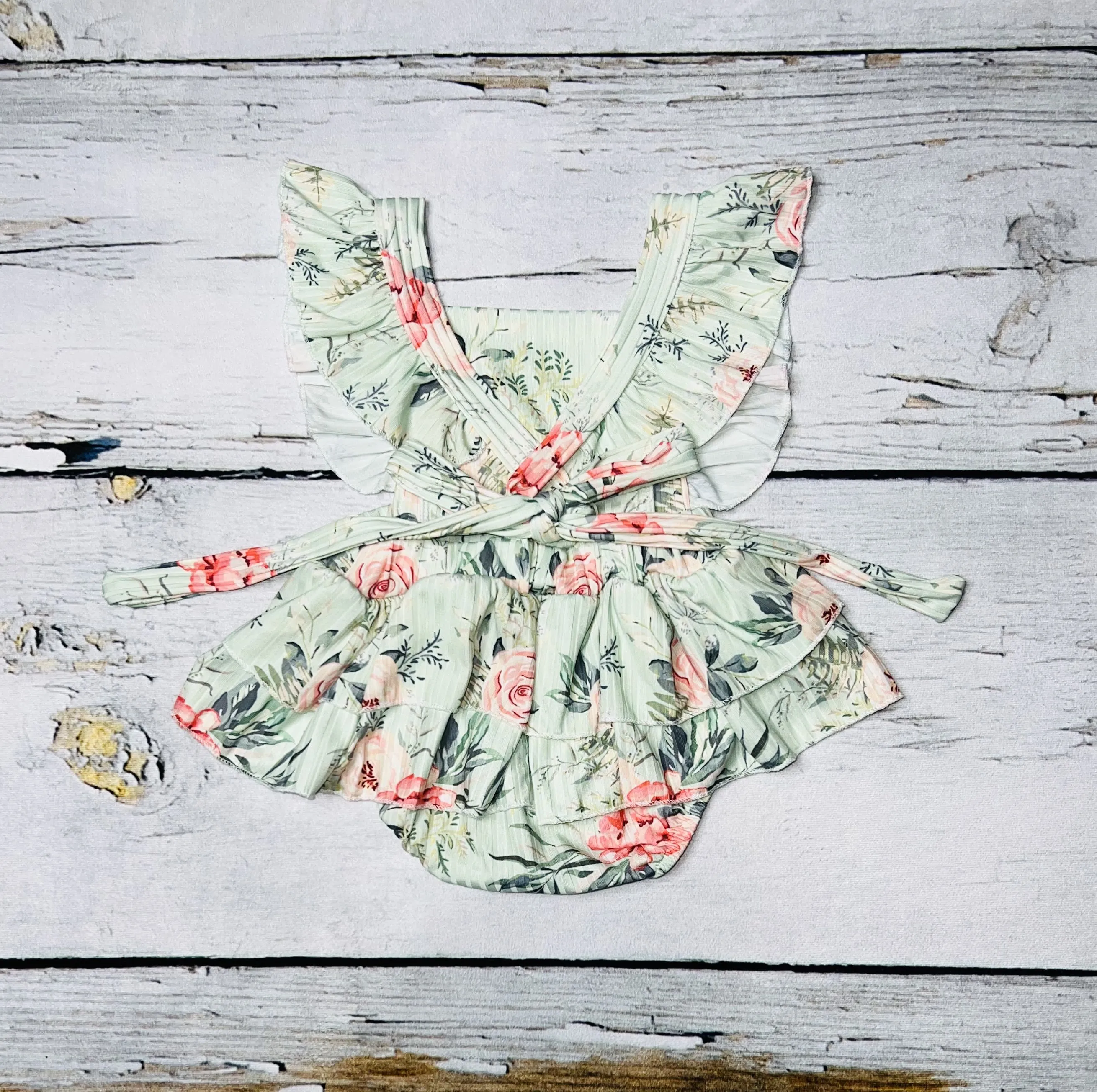 Light mint floral print ruffle baby romper w/matching headband DLH1124-9