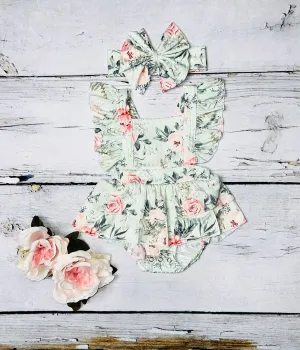 Light mint floral print ruffle baby romper w/matching headband DLH1124-9