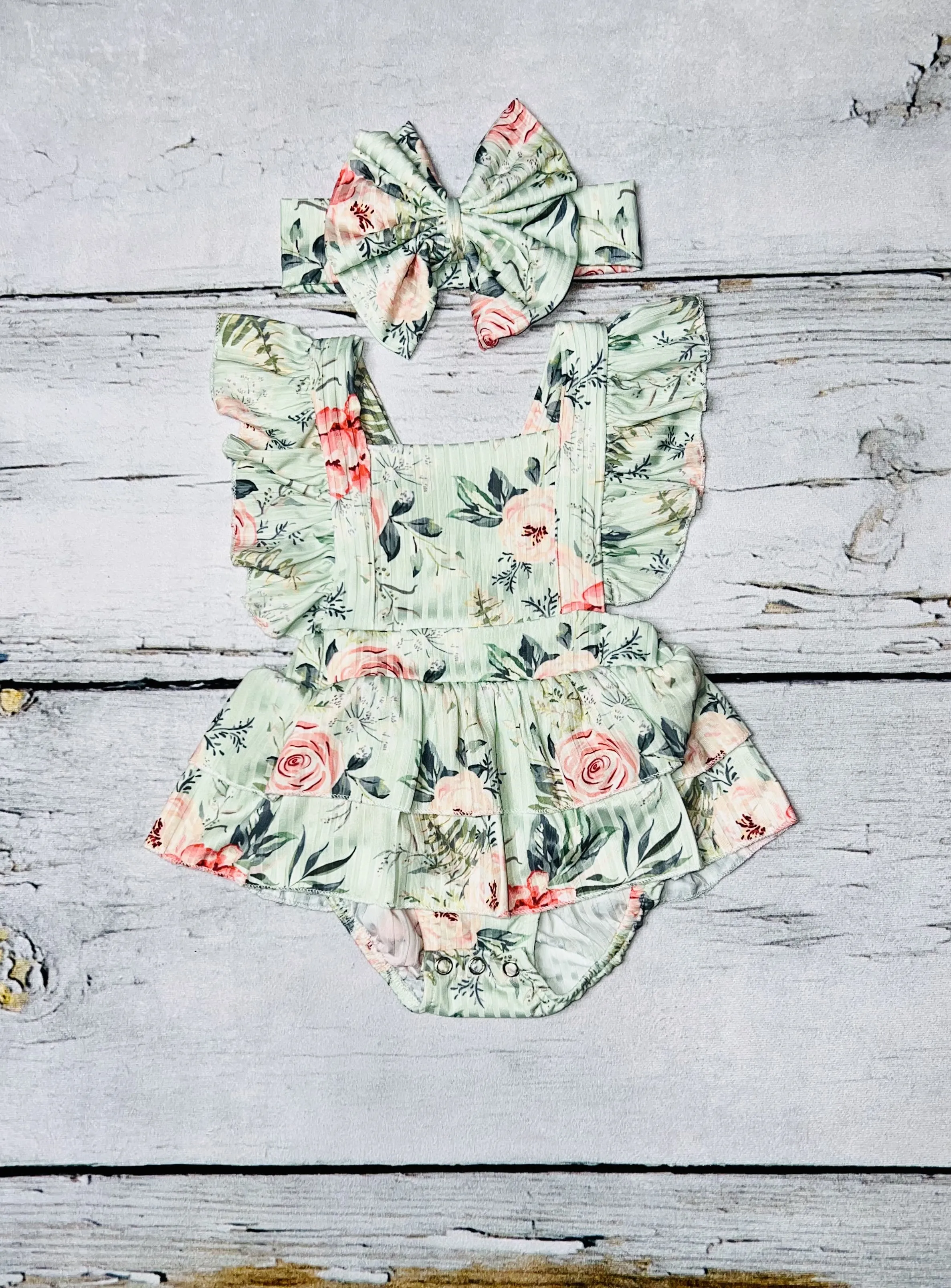 Light mint floral print ruffle baby romper w/matching headband DLH1124-9